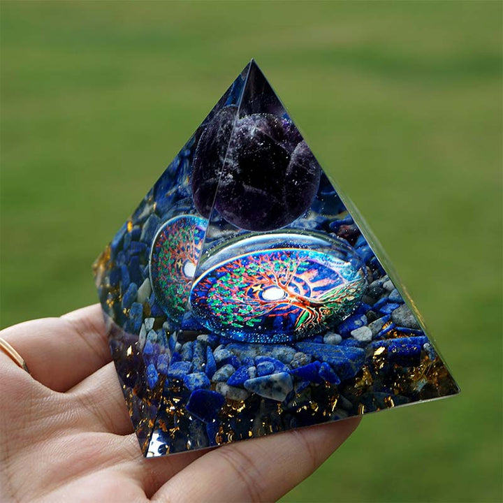 Piramide di orgone Reki Olivenorma Ametista con lapislazzuli
