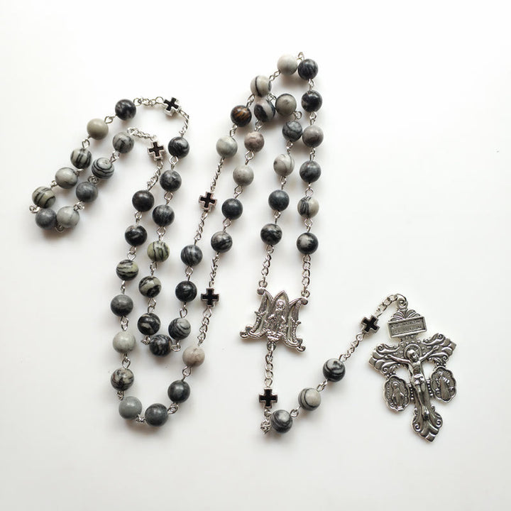 Collana rosario Olivenorma in agata nera con croce della Santa Madre
