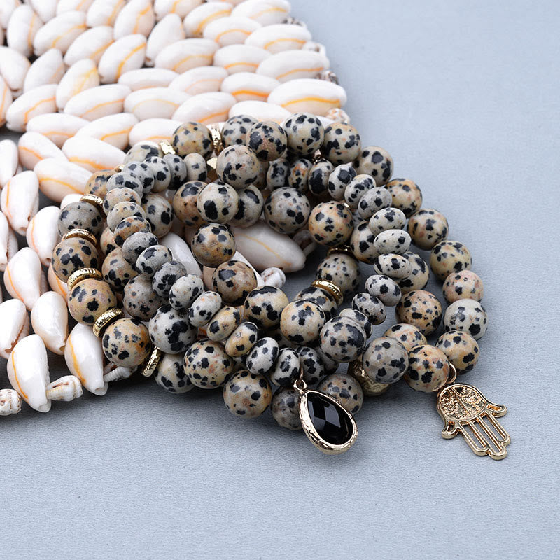 Olivenorma Bracciale con ciondolo Hamsa in ossidiana diaspro dalmata naturale