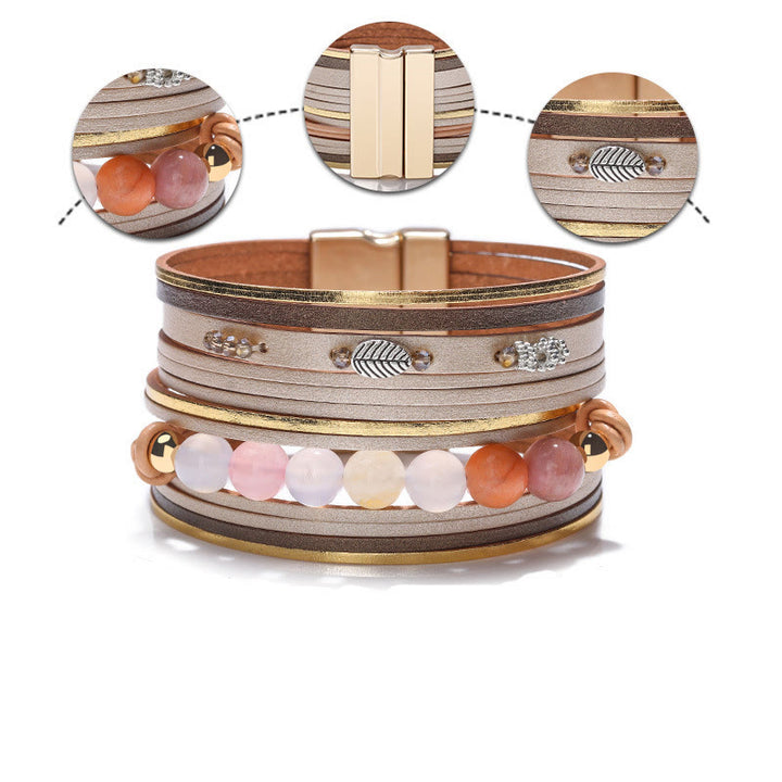 Bracciale multistrato in pelle con perline di cristallo naturale Olivenorma 