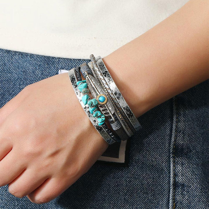 Olivenorma Bracciale in pelle multistrato turchese vintage marrone 