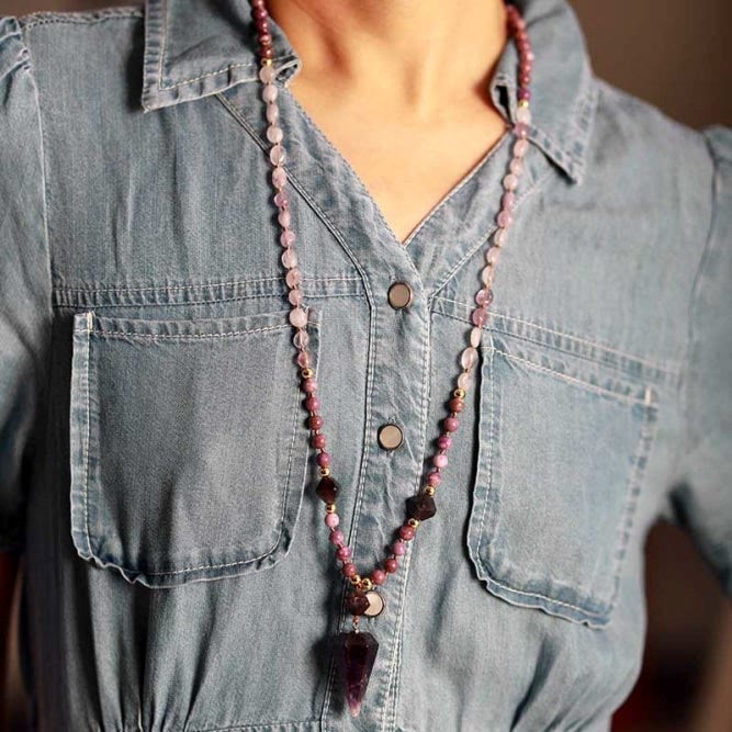 Collana Mala con perline di giada viola e ametista naturale Olivenorma