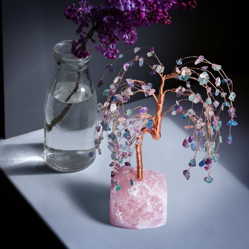 Foglie di fluorite Olivenorma Base in quarzo rosa Albero Feng Shui 