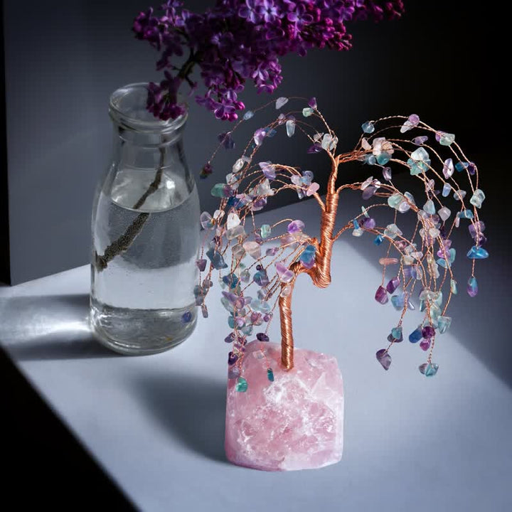 Foglie di fluorite Olivenorma Base in quarzo rosa Albero Feng Shui 