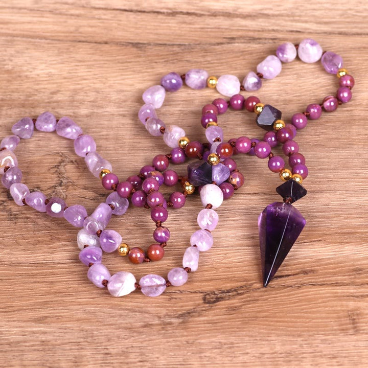 Collana Mala con perline di giada viola e ametista naturale Olivenorma