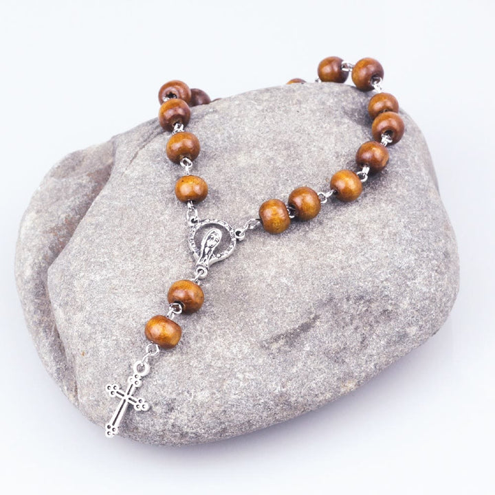 Olivenorma Perline di legno Cristianesimo Vergine Maria Croce Rosario Bracciale