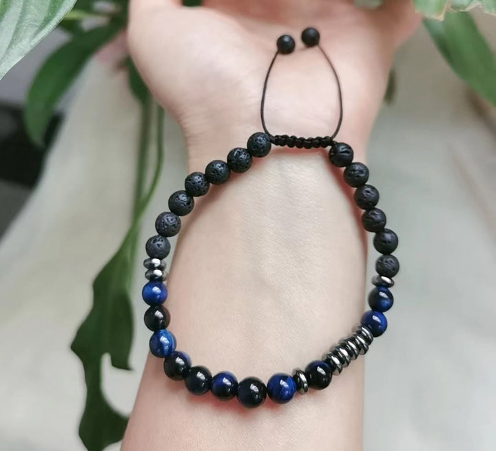 Olivenorma Bracciale da uomo con perline in occhio di tigre blu naturale da 6 mm