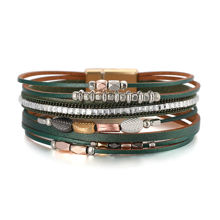 Bracciale in pelle a più livelli con foglia di zircone bianco ematite Olivenorma 