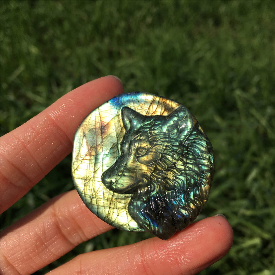 Decorazione in pietra preziosa totem di lupo labradorite naturale Olivenorma 