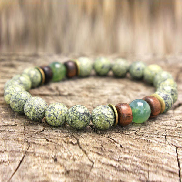 Olivenorma Bracciale da uomo in pietra naturale con perline di legno da 8 mm