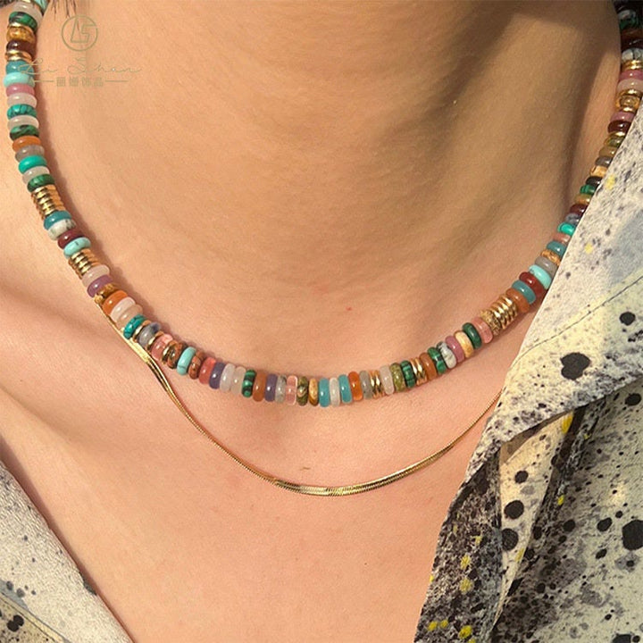 Olivenorma Boho Style Misto Cristallo Rotondo Perline Bracciale Collana Pietre Preziose