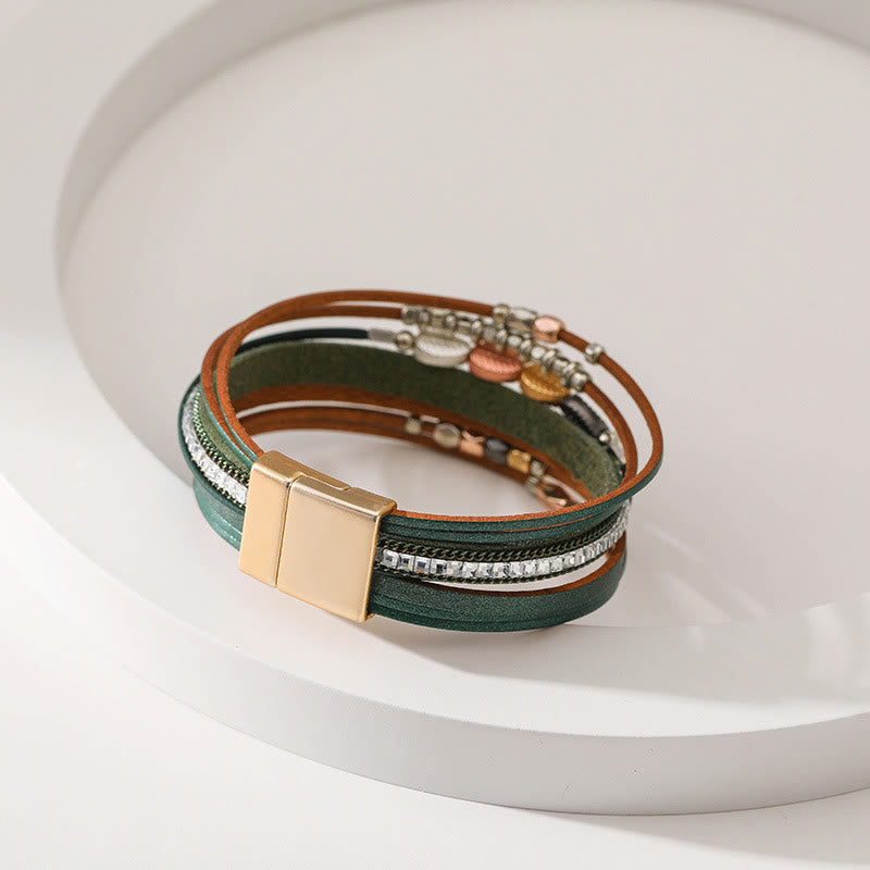 Bracciale in pelle a più livelli con foglia di zircone bianco ematite Olivenorma 