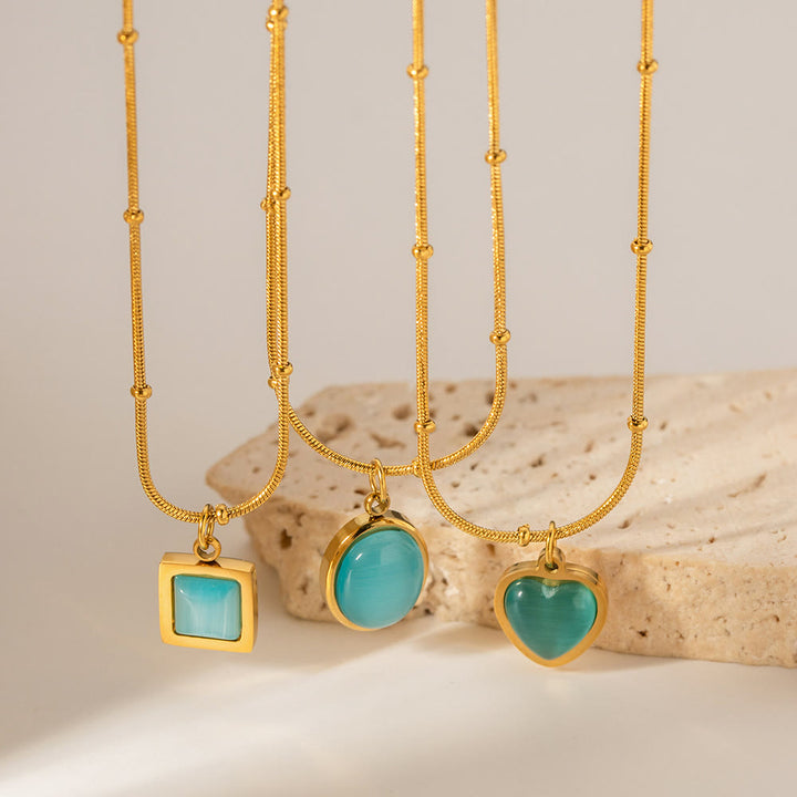 Collana con ciondolo a forma di cuore quadrato in pietra occhio di gatto blu Olivenorma