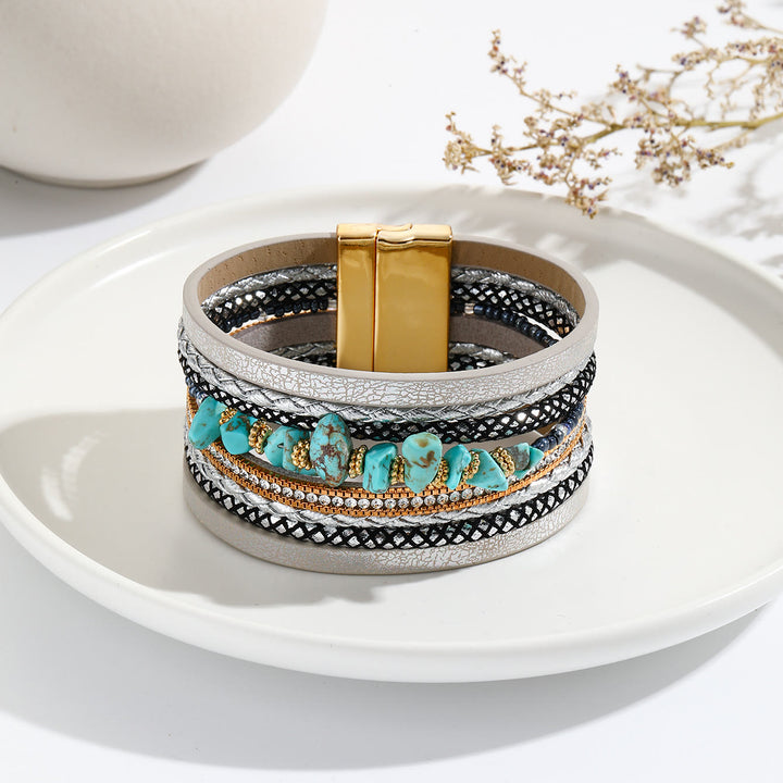 Olivenorma Bracciale largo in pelle turchese irregolare