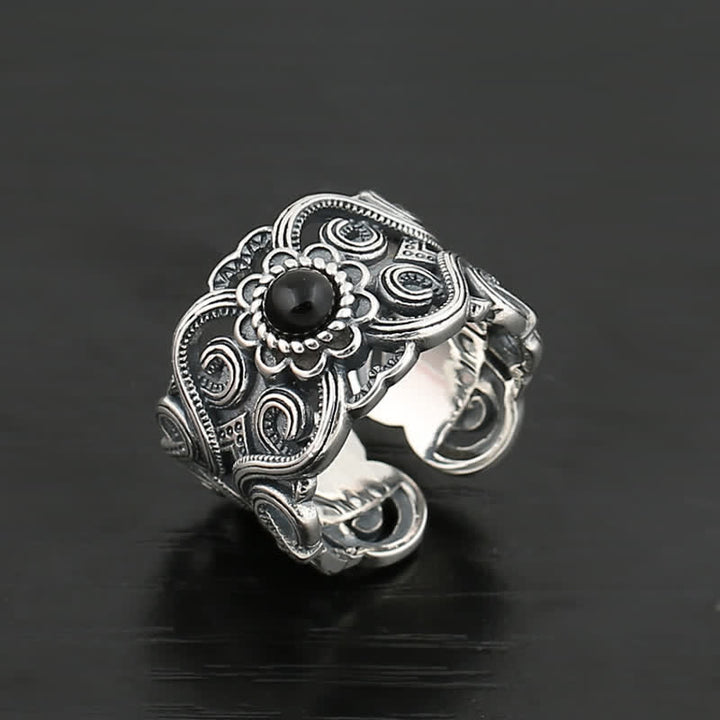 Anello regolabile con motivo etnico in onice nero Olivenorma