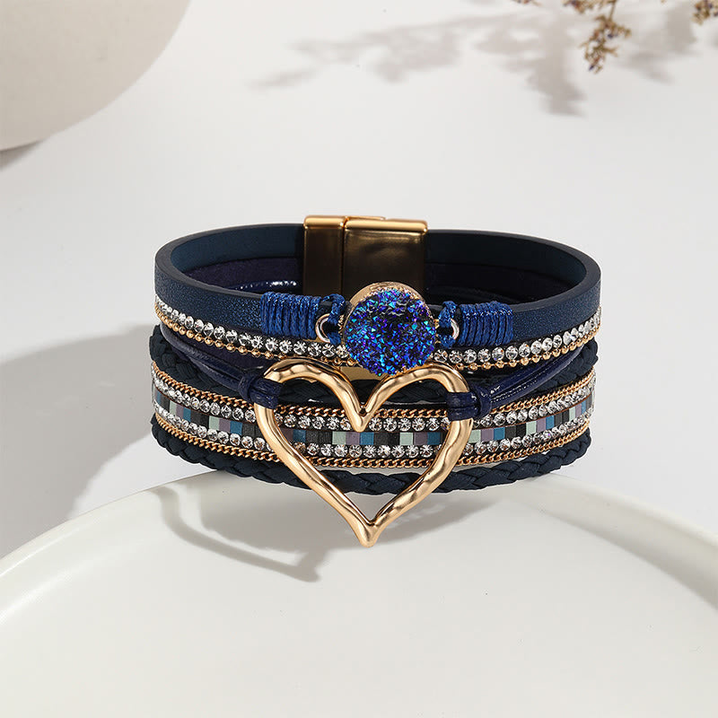 Olivenorma Bracciale in pelle intrecciata con cuore metallico e cristalli multicolori 