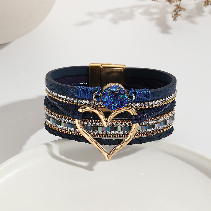 Olivenorma Bracciale in pelle intrecciata con cuore metallico e cristalli multicolori 