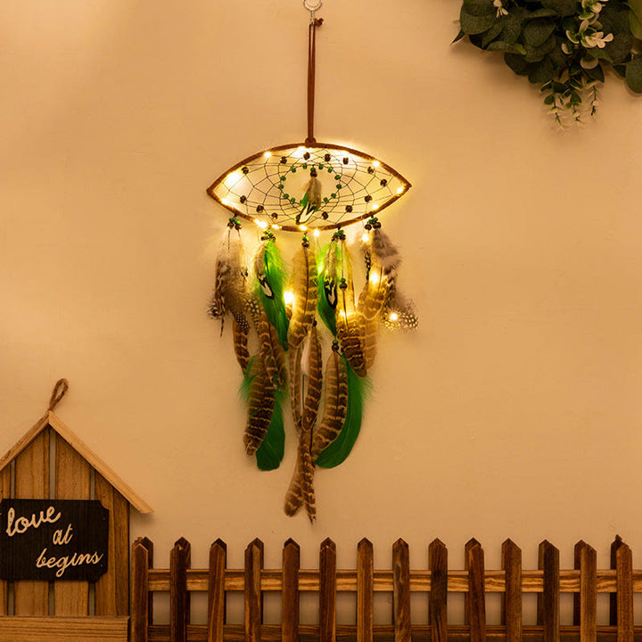 Olivenorma Perline di legno verde naturale Piuma di pavone Acchiappasogni 