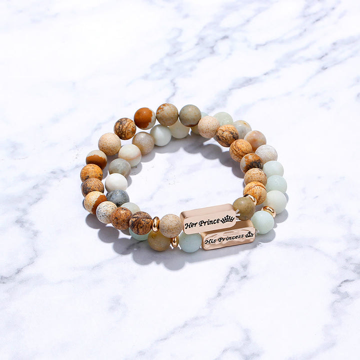 Olivenorma Braccialetto con incisione in pietra preziosa naturale His Princess Her Prince, 2 pezzi 