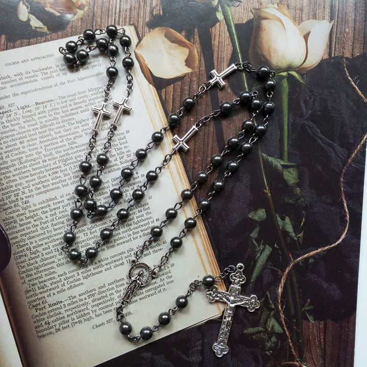 Collana Olivenorma Ematite Gesù Medaglia Croce Rosario 