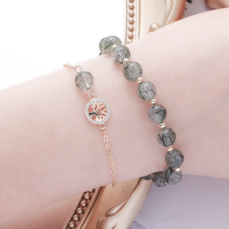 Olivenorma Green Strawberry Rutilato Quarzo Albero della Vita Bracciale Set