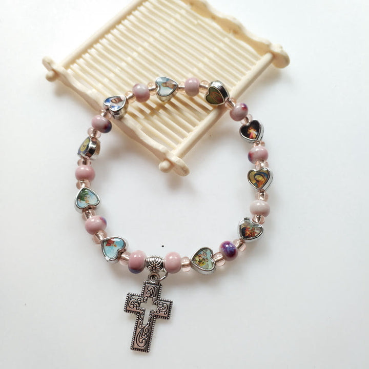 Olivenormacolorful Braccialetto con croce cristiana in pietra naturale 