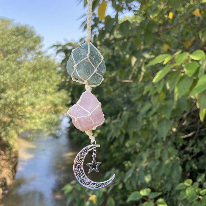 Carillon a vento con simbolo di luna e stella in pietra di cristallo naturale