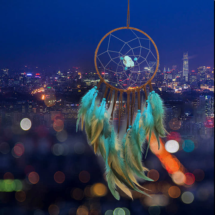 Olivenorma "Dream Knight" - Acchiappasogni con piume turchesi 