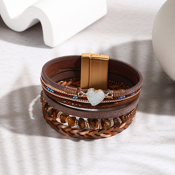 Bracciale in pelle con ciondolo a forma di cuore con perline di cristallo naturale Olivenorma
