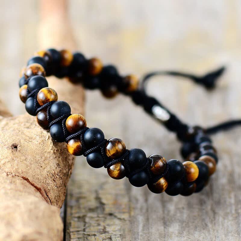 Bracciale intrecciato con perline di onice nero e occhio di tigre Olivenorma