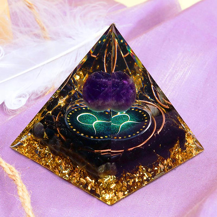 Sfera di ametista Olivenorma con piramide di orgone dello zodiaco del Toro in ossidiana 