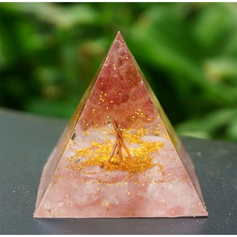 Olivenorma Albero della Vita Quarzo Fragola con Piramide Orgonica in Quarzo Rosa 