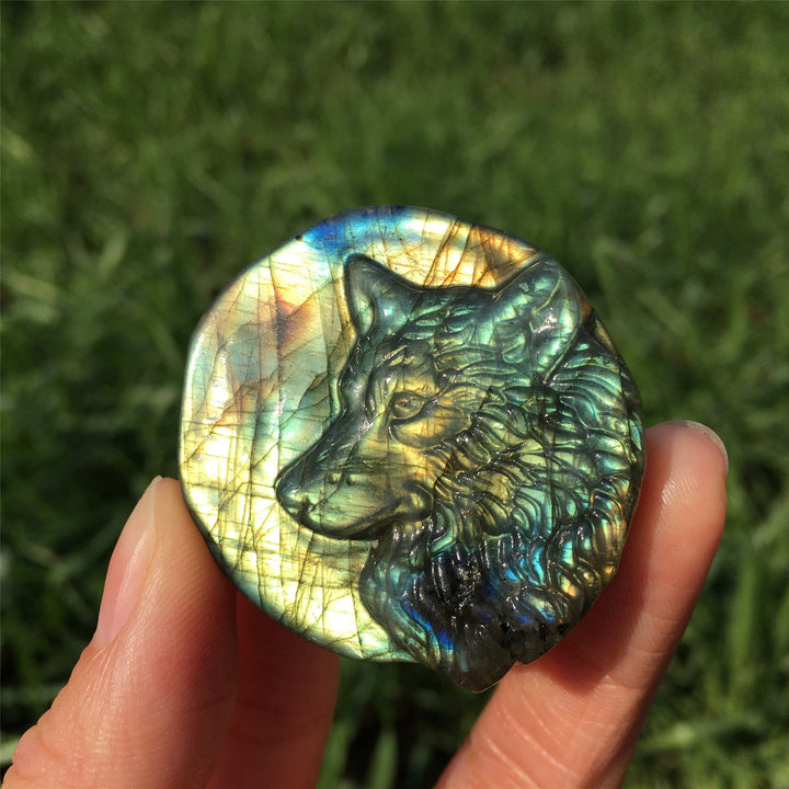 Decorazione in pietra preziosa totem di lupo labradorite naturale Olivenorma 