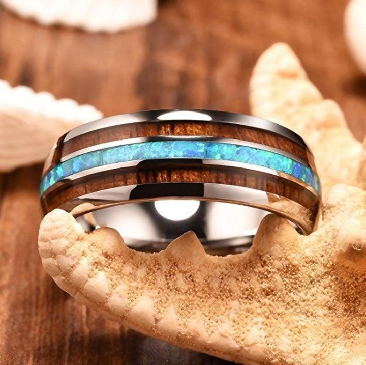 Anello Olivenorma in legno di Koa e conchiglia di abalone in carburo di tungsteno 