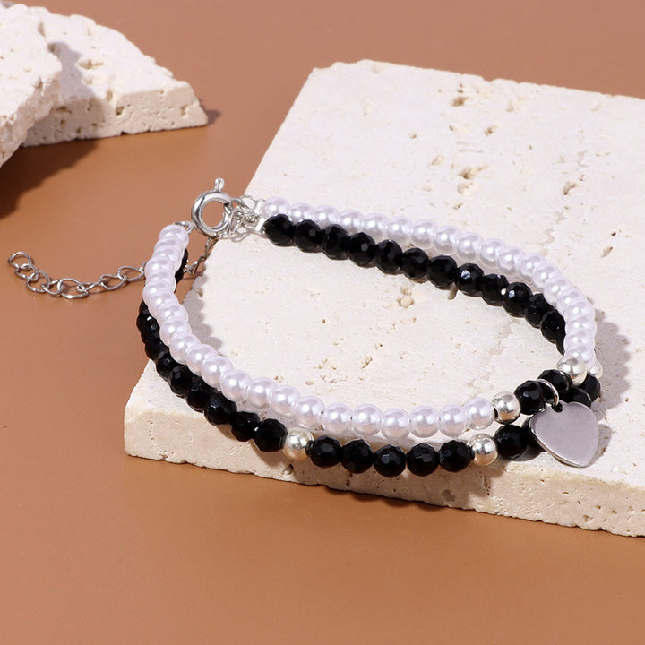 Olivenorma Bracciale Doppio Strato con Ciondolo a Cuore in Perla e Pietra Sfaccettata