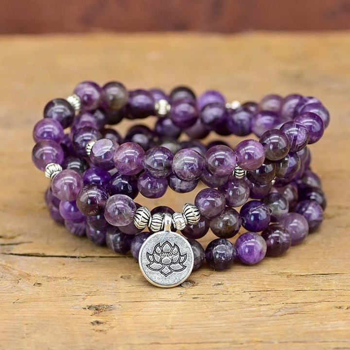 Collana Mala con simbolo di loto in ametista Olivenorma