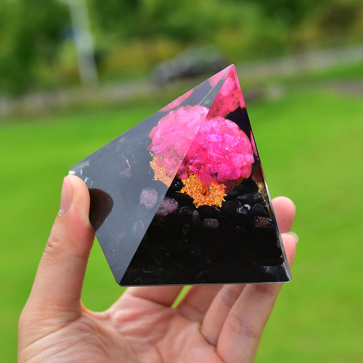 Piramide di orgone curativa in ossidiana Olivenorma con cristallo rosa