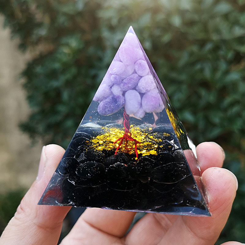 Olivenorma Piramide di Orgone con Albero della Vita in Ossidiana e Giada Viola 
