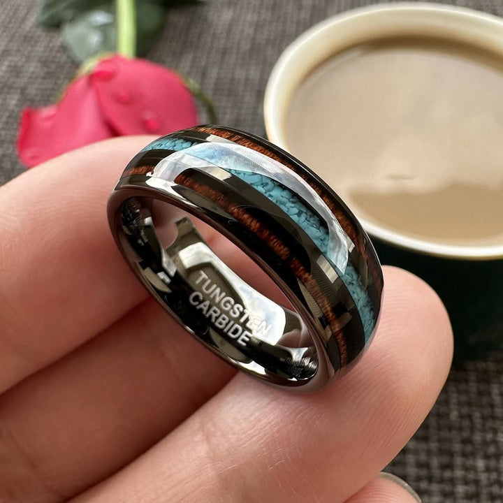 Anello in carburo di tungsteno lucido turchese da 8 mm in legno Olivenorma