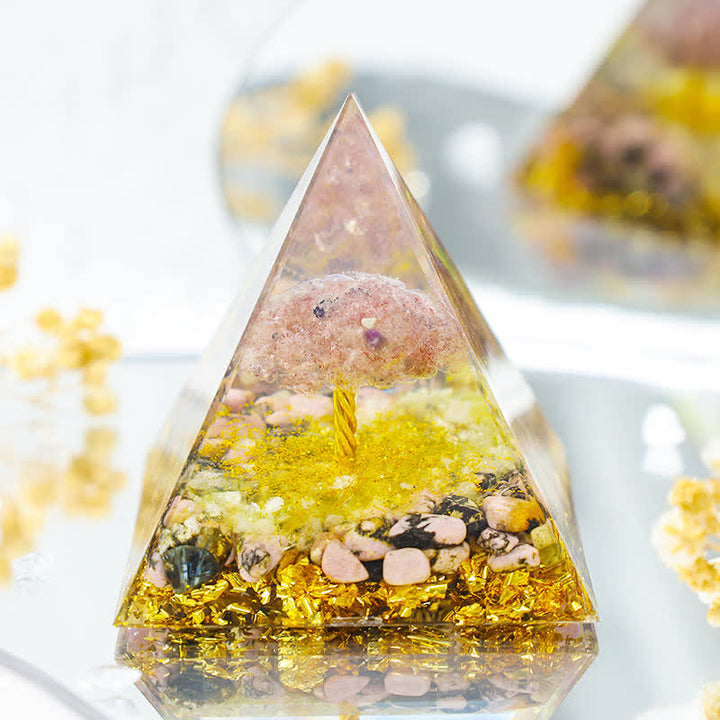 Piramide di orgone Olivenorma Quarzo Fragola con rodonite Albero della Vita 