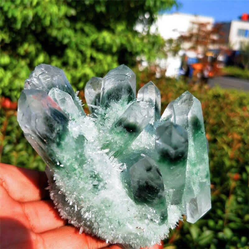 Olivenorma Bellissima decorazione in pietra preziosa di quarzo fantasma verde curativo