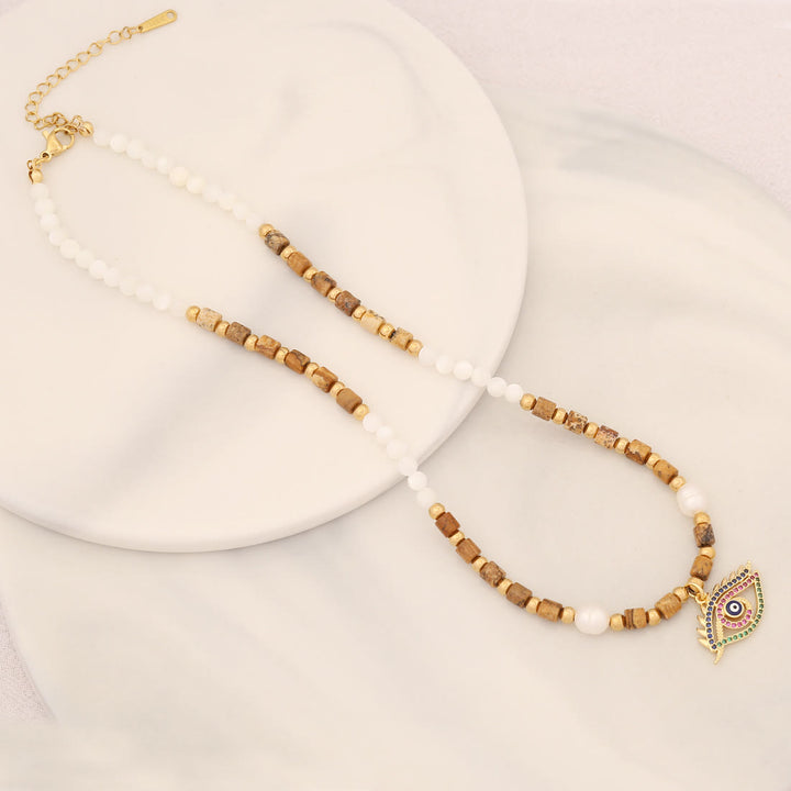 Collana con ciondolo in pietra di cristallo di perle naturali Olivenorma con occhio malvagio