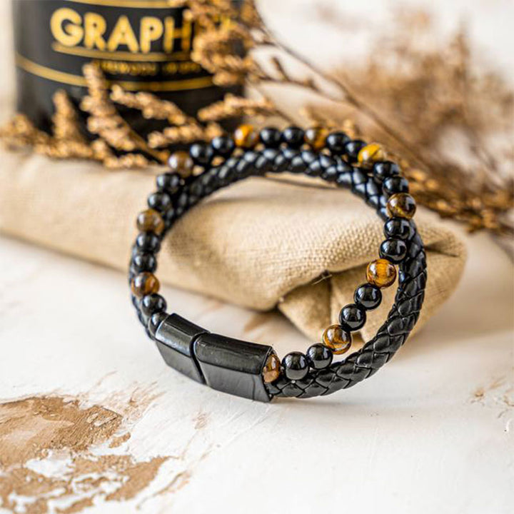 Bracciale in pelle intrecciata con occhio di tigre da uomo