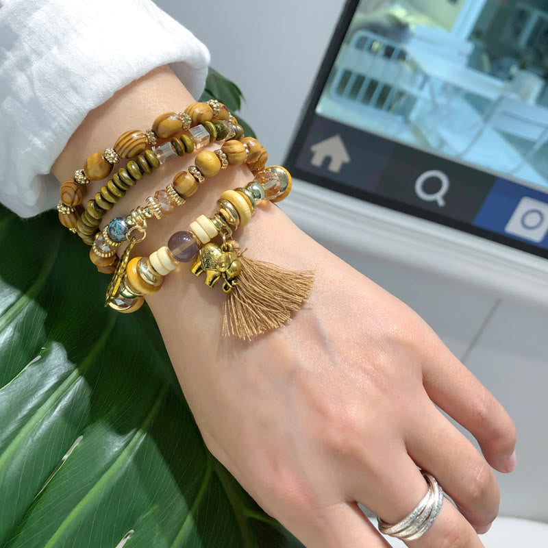 Olivenorma Bohemia Elephant Leaf Tassel Pendant Bracelet Set 