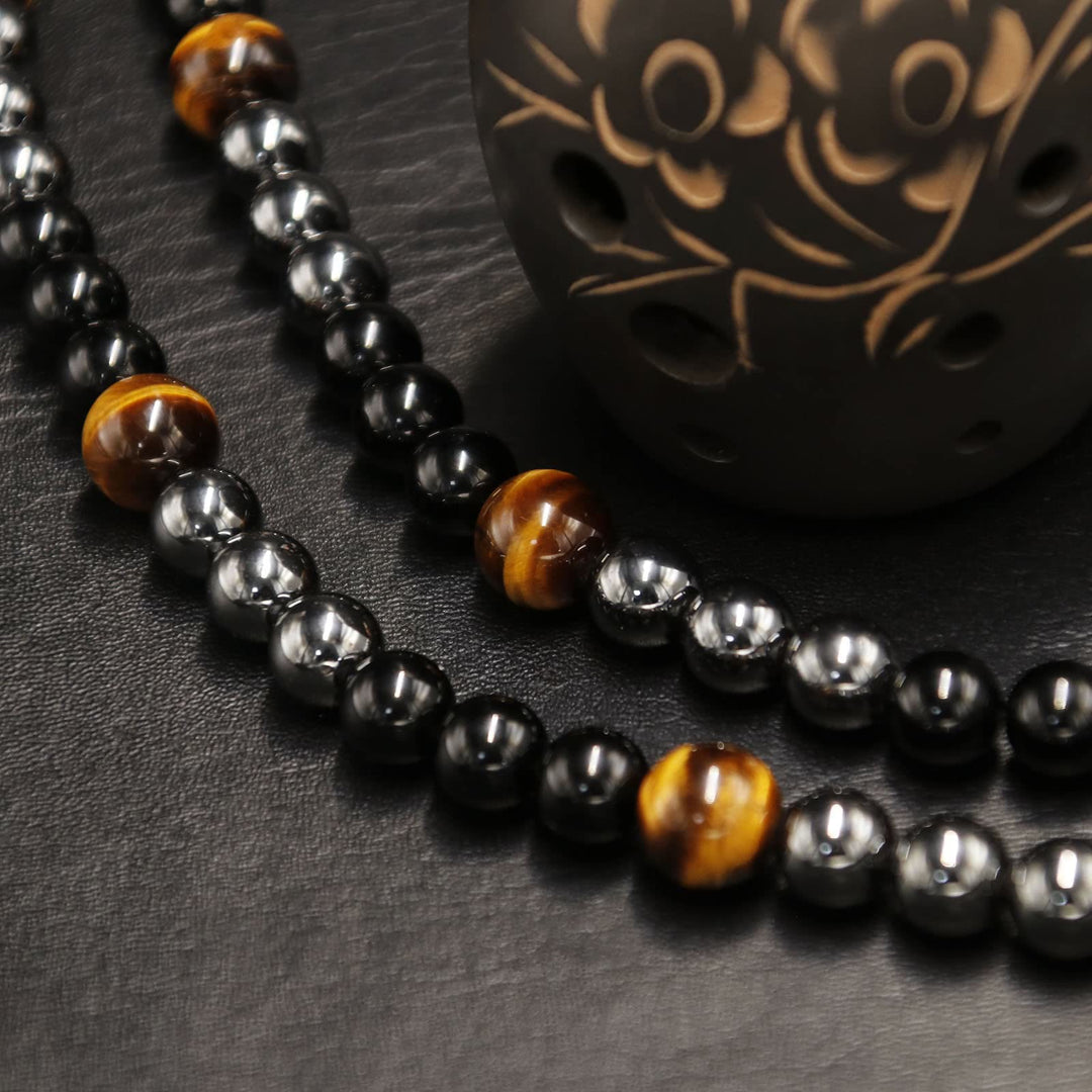 Collana di perle di ematite, occhio di tigre, ossidiana e cristallo curativo Olivenorma