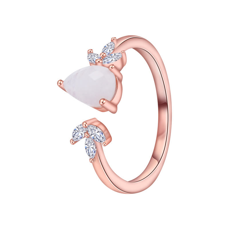 Anello regolabile Olivenorma con foglia di zircone bianco e pietra di luna sfaccettata