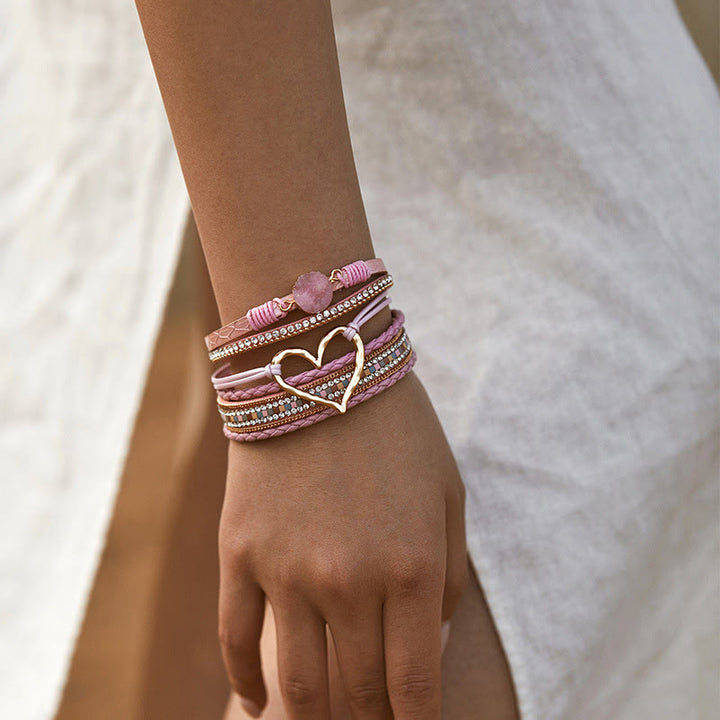 Olivenorma Bracciale in pelle intrecciata con cuore metallico e cristalli multicolori 