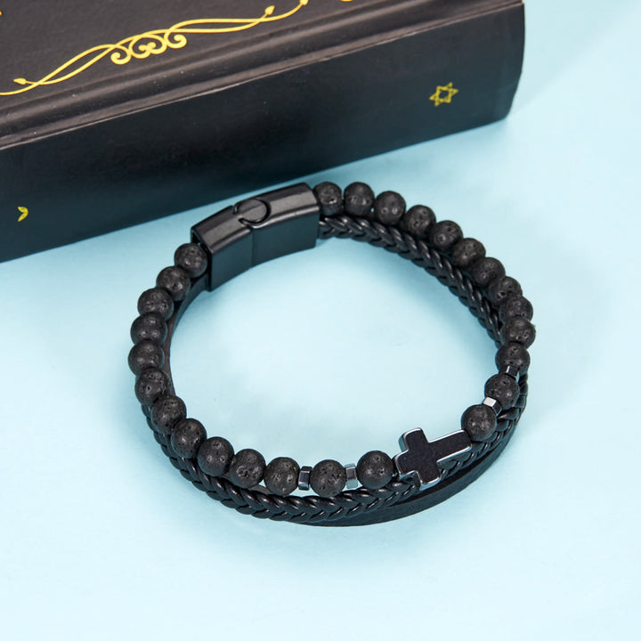 Bracciale da uomo in pelle intrecciata con perline di pietra naturale Olivenorma