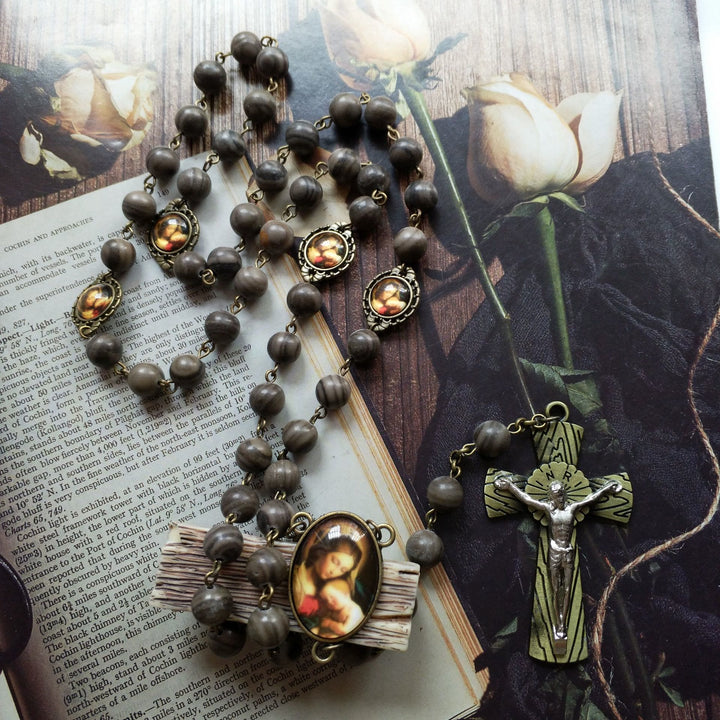 Olivenorma Collana con Croce e Rosario in Legno Nero con Medaglia Sacra 