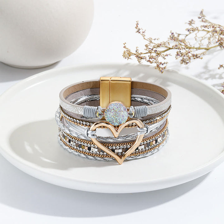 Olivenorma Bracciale in pelle intrecciata con cuore metallico e cristalli multicolori 